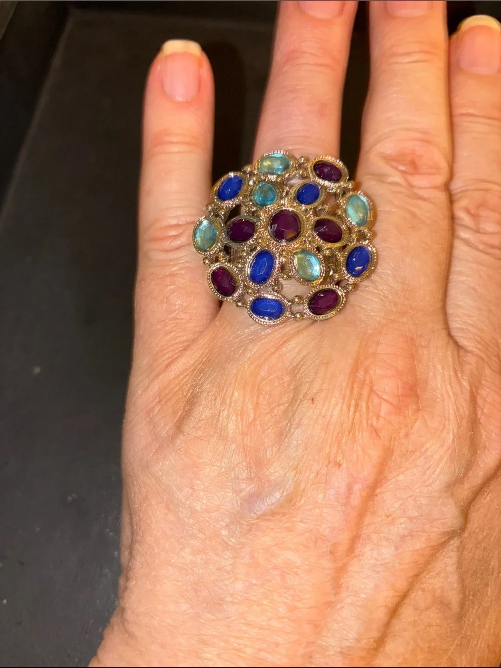 Multicolor Cluster Cocktail Stretch Ring in Blue, Teal & Purple